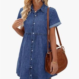 Women's Short Sleeve Button Down Flowy Tiered Babydoll Denim Dress Sz XL